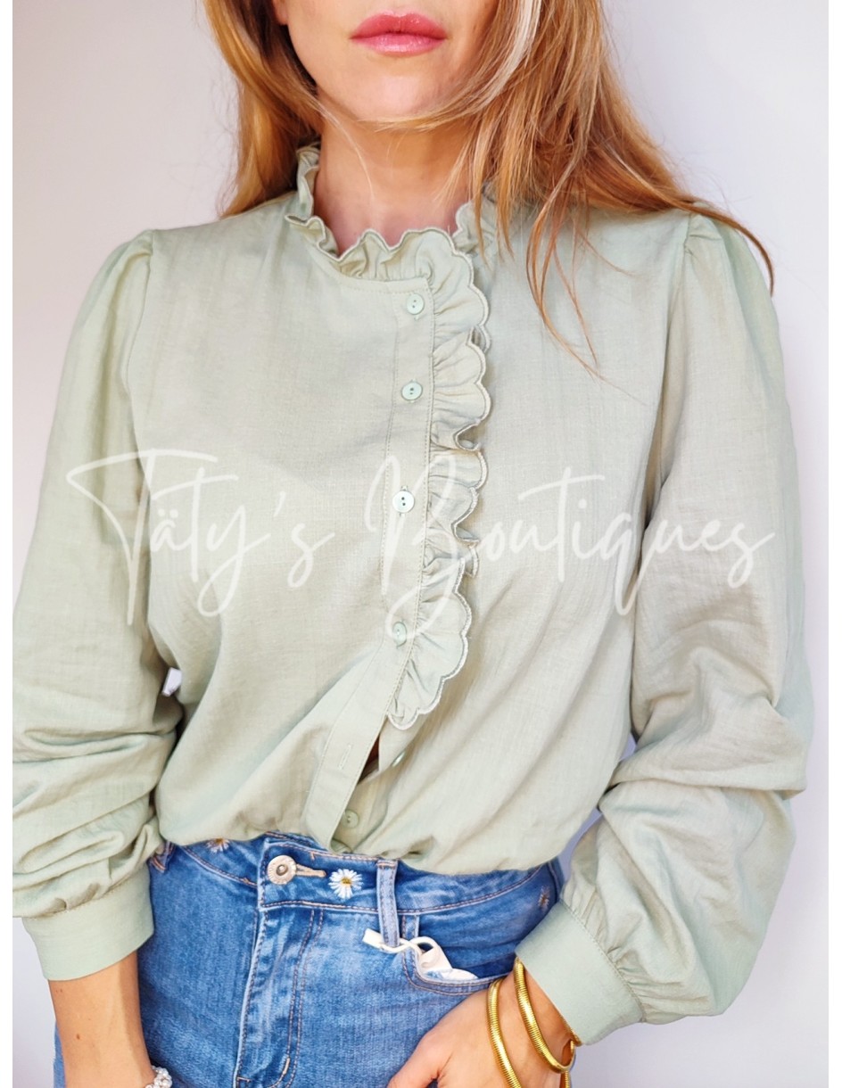 Camisa cuello volantes verde empolvado | Täty's Boutiques - Grupo Puerto Gragera